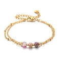 18K vergoldetes Doppelschicht-Armband mit drei rosa Natursteinen in Unregelform - Rosa-lila verlaufender Rohstein (XN572-18)