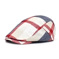 Close-up of red and navy plaid check fabric texture on a flat ivy cap for men - Adjustable / Red