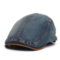 Vintage blue denim flat cap with brown leather brim and contrast stitching details - Adjustable / Teal