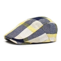 Detail of yellow and blue plaid flat cap with breathable cotton-linen texture - Adjustable / Yellow