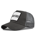 Détail de la broderie BOY DAD sur casquette trucker grise avec filet respirant - Gris clair