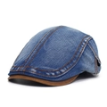 Classic denim beret hat with orange stitching and brown leather brim for men and women - Adjustable / Medium Blue