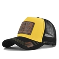 Detail view of truck cap with leather patch and breathable black mesh for sun protection - Black Yellow