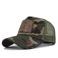 Detail of forest camo trucker hat with leather patch and breathable mesh structure - Khaki Camouflage