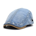 Retro washed light blue denim flat cap for men and women with adjustable brown leather trim - Adjustable / Light Blue