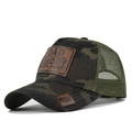 Detail of forest camo trucker hat with DAD leather patch and green mesh back - Grey Camouflage