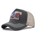 Detailed close-up of Texas Trucker Hat with mesh back and embroidered truck patch - Adjustable / Gray