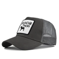 Detail of grey mesh trucker hat with Frenchie Mom patch and French Bulldog silhouette - Dark Gray