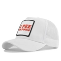 Detail of white mesh trucker hat featuring a red I PEE IN POOLS slogan patch on front - Adjustable / White