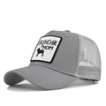 Detail of grey trucker hat featuring Frenchie Mom patch and breathable mesh back - Light Gray