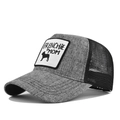 Side view of mesh trucker hat featuring Frenchie Mom embroidery and grey textured fabric - Marl Grey