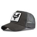 Close-up of a grey trucker hat featuring a rooster patch with artistic Mom lettering - Dark Gray