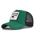 Detail view of Frenchie Mom embroidery on green trucker hat with black mesh back - Green