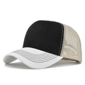 Detail of five-panel trucker hat featuring black crown, white brim and beige mesh back - Adjustable / White & Black