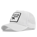 Detail of white trucker hat with Frenchie Mom embroidery and breathable mesh panels - White
