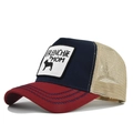 Detail of navy Frenchie Mom patch and crimson brim on a breathable mesh trucker cap - Burgundy & Navy