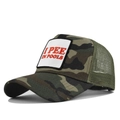 Detail of forest camo trucker hat with humorous I PEE IN POOLS embroidered white patch - Adjustable / Khaki Camouflage