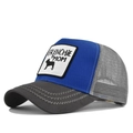 Detail view of the Frenchie Mom patch and grey wave-pattern stitching on the visor - Dark Grey/Blue