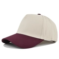 Detail view of a 5-panel two-tone baseball cap with cream crown and burgundy curved brim - Beige-Wine Red