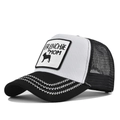Detail of Frenchie Mom trucker hat showing Z-shaped stitching on black brim and white mesh - Black & White
