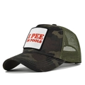 Detail of embroidered 'I PEE IN POOLS' patch on a camo mesh trucker baseball cap - Adjustable / Grey Camouflage