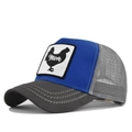 Detail van blauwe truckerpet met grijs gaas en haan-patch met mom-borduursel - Donkergrijs/Blauw