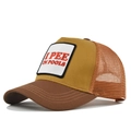 Detail of embroidered patch I PEE IN POOLS on brown and orange trucker hat - Adjustable / Light Coffee/Caramel