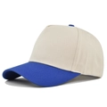 Detailansicht der beigen und königsblauen Baumwoll-Twill auf der 5-Panel-Baseballkappe - Beige-Königsblau