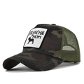 Detail of Frenchie Mom camouflage trucker hat with breathable olive mesh and embroidery - Grey Camouflage