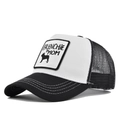 Detail of Frenchie Mom embroidery on mesh trucker hat with contrast stitching - Black & White