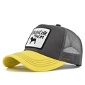Detail view of Frenchie Mom trucker hat with yellow brim and grey mesh back - Yellow/Gray