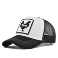Detail of the high-density rooster embroidery patch and white stitching on a trucker hat - Black & White