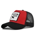 Detail of Frenchie Mom embroidery on a red and black mesh trucker hat with dog silhouette - Black and Red
