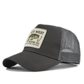 Close-up of Ways West fishing patch and breathable mesh on dark grey trucker hat - Dark Gray