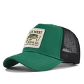 Detail of green mesh trucker hat with Ways West fishing embroidery and black breathable netting - Green