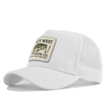 Detailed side view of a white mesh trucker hat with a vintage bass fish embroidery patch - White