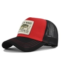 Detail of red and black trucker hat featuring fish patch and breathable mesh - Black and Red
