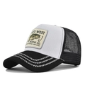 Detail of truck hat featuring bass fish patch and decorative wavy stitching on black brim - Black With White Embroidery Line