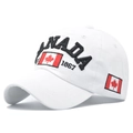 Close-up of white cotton baseball cap with 3D Canada embroidery and flag patches - Adjustable / White