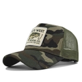 Detail view of the camouflage mesh trucker hat with professional fishing embroidery - Khaki Camouflage