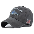 Detailed embroidery of blue shark and USA flag patch on washed gray cotton baseball cap - Adjustable / Black