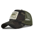 Detail of camouflage trucker hat with fish embroidery and breathable mesh panels - Grey Camouflage