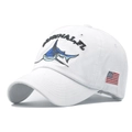 Detail of white cotton baseball cap with blue shark embroidery and US flag patch - Adjustable / White