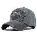 Detail of 3D embroidery ORIGINAL THE BLACK on washed gray vintage baseball cap - Adjustable / Black and Army Green (CB207-7)