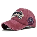 Vintage burgundy washed cotton baseball cap with 3D embroidery and distressed brim - Adjustable / Burgundy
