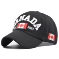 Black baseball cap featuring white CANADA embroidery and red maple leaf flag logo - Adjustable / Black