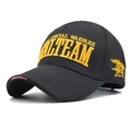 Detail of SEAL TEAM tactical baseball cap with yellow embroidery and side trident emblem - Adjustable / Black