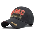 Detail view of high-quality USMC 3D embroidery and Semper Fi slogan on black tactical cap - Adjustable / Black
