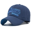 Close-up of Always New York City 3D embroidery on navy cotton canvas baseball cap - Adjustable / Navy Blue