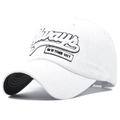 Detail of white baseball cap featuring 75 New York City embroidery and black brim - Adjustable / White